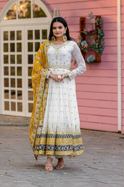 Elegant Party Wear Heavy Faux Georgette Gown with Embroidered Dupatta and Bottom Set