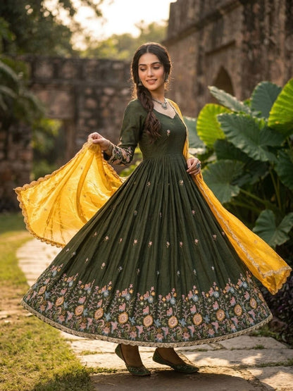 Elegant Fendi Silk Gown with Heavy Sequin and Zari Embroidery, Paired with Matching Dupatta – Collection 2026