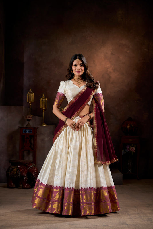 Traditional Cotton Polyblend Embroidered Lehenga Skirt with Unstitched Blouse and Flowing Georgette Scarf