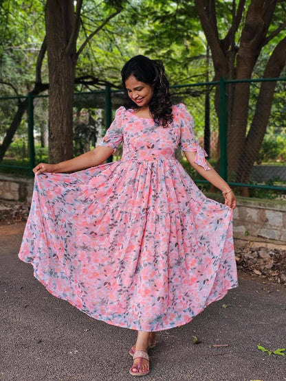 Showing the flow of the Rosy Retro Georgette Maxi Dress.