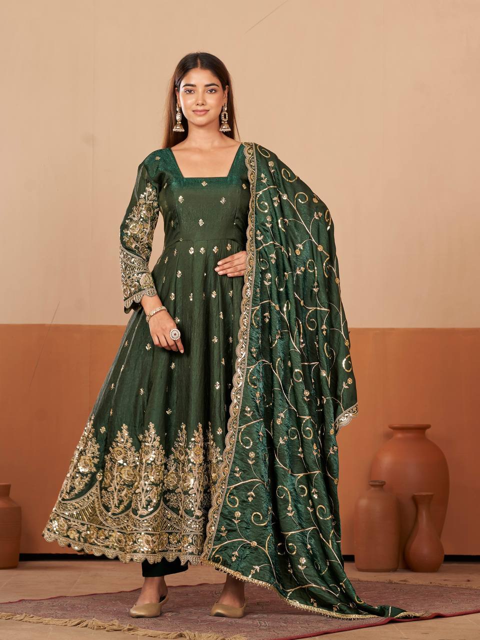 RangBhoomi Designer Party Wear Gown Set — 10 Colors, Heavy Jelly Shimmer Silk, Fully Stitched Embroidered Gown with Dupatta & Micro-Cotton Pant