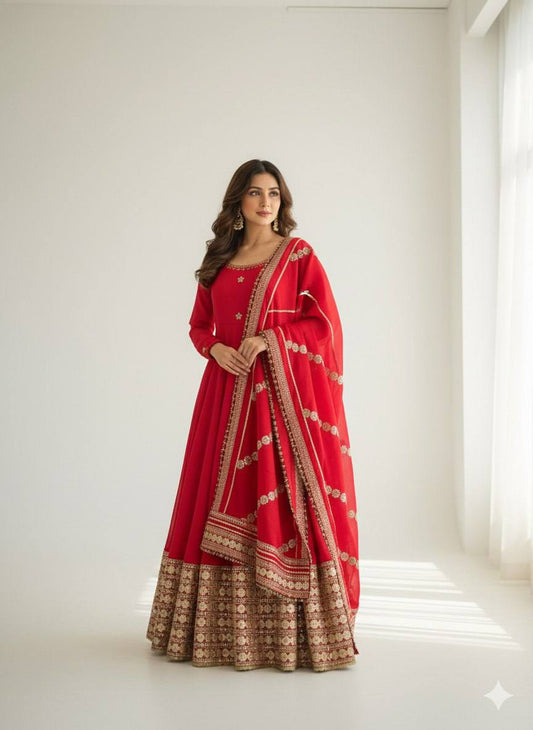 RangBhoomi Premium Chinon Silk Anarkali Gown Set with Heavy Embroidery, 3mm Sequin Sleeve Lace, Crepe Pants, and Sequined Lace Dupatta