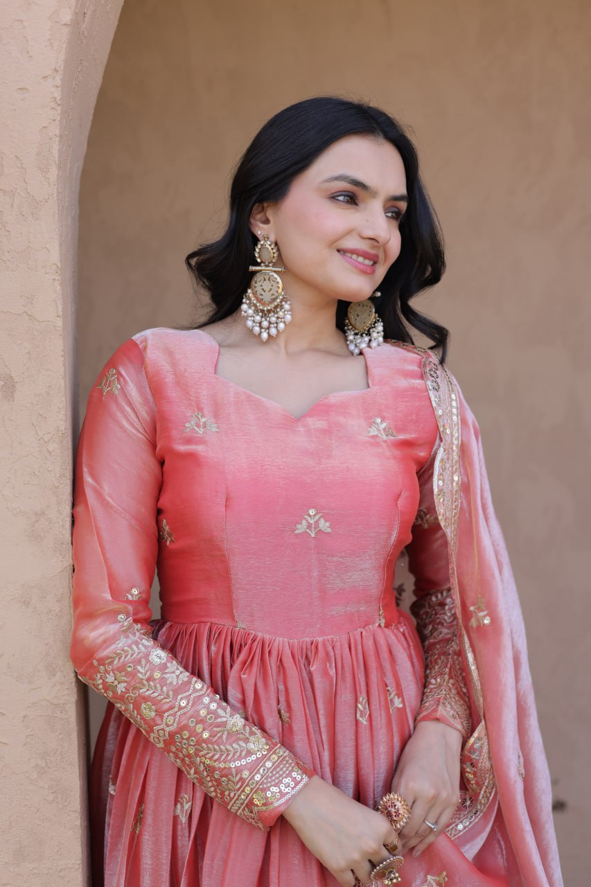 RangBhoomi Fendi Silk Sequined Gown with Dupatta – Elegant Full-Sleeve Designer Set