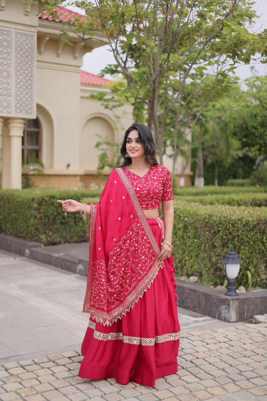 RangBhoomi Glory Satin Embroidered Lehenga Choli Set - Full-Stitched Lehenga with Designer Dupatta