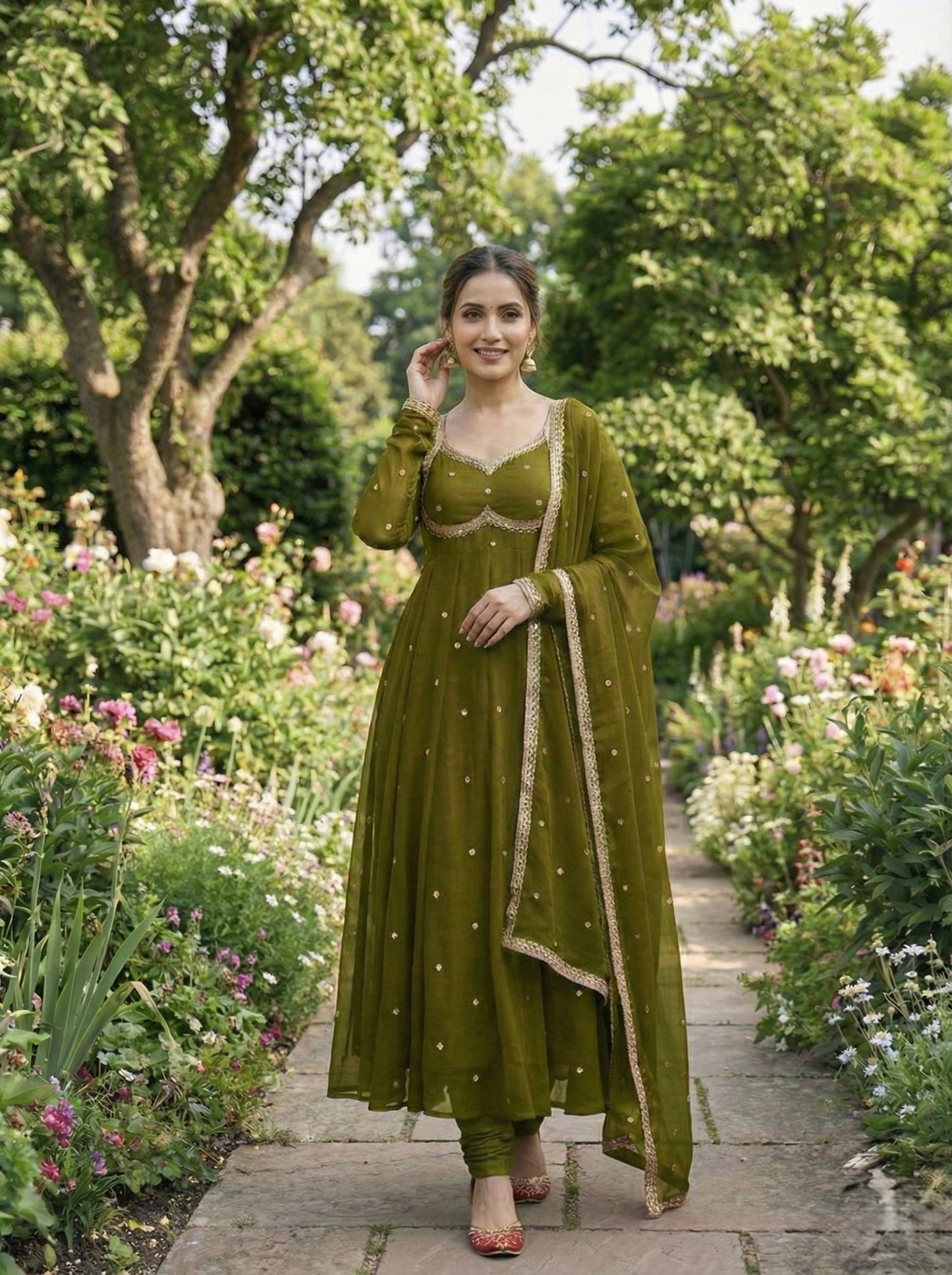 Elegant Party Wear Fendi Satin Gown Set with Dupatta and Pants Featuring 3MM Rembo Sequin and Zari Embroidery