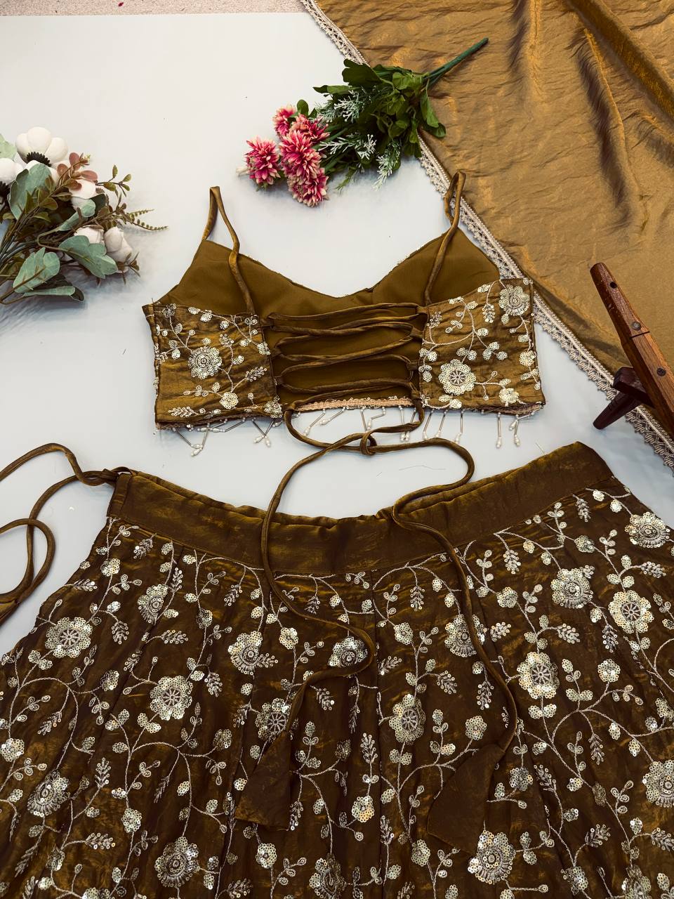 Elegant 3mm Embroidered Sequence Lehenga Three-Piece Set — RangBhoomi