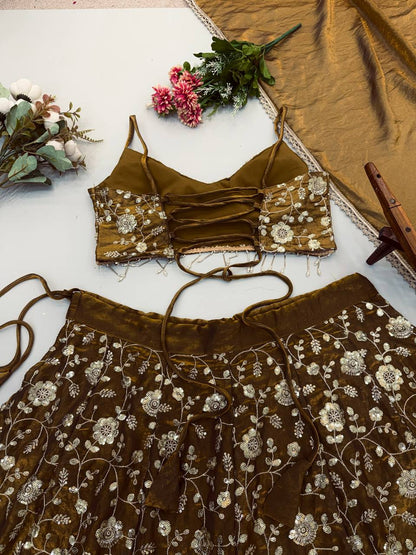 Elegant 3mm Embroidered Sequence Lehenga Three-Piece Set — RangBhoomi