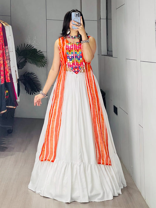 RangBhoomi Kesariya Leheriya Kurti with White Flared Lehenga Set - Festive Mirror & Gota Work