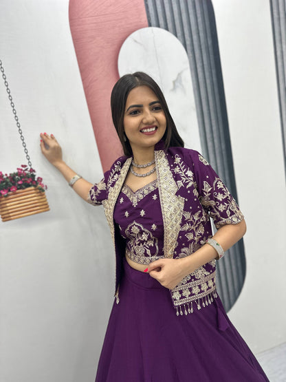 RangBhoomi Festival Special Embroidered Chinon Crop Top Set with Lehenga and Jacket