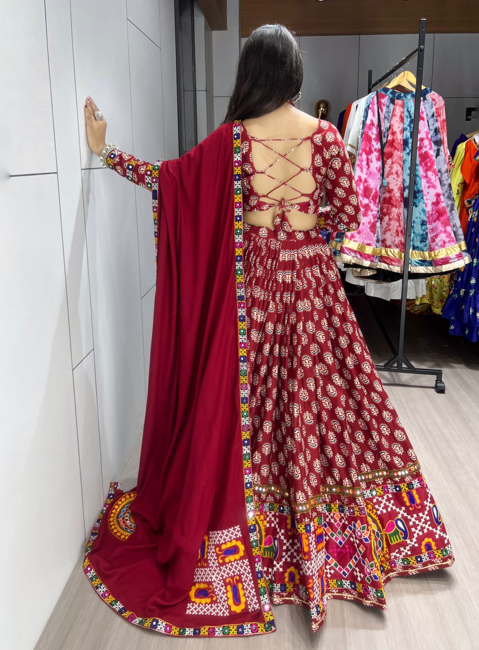 Traditional Ajrakh Print Chaniya Choli Ensemble - Maroon Pure Rayon Cotton Lehenga with Real Mirror Work and Ethnic Motifs