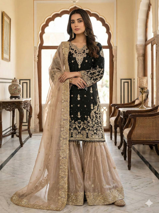 RangBhoomi Exclusive Designer Partywear Set – Pure Heavy GMY Silk with Elaborate Embroidery and Sequins