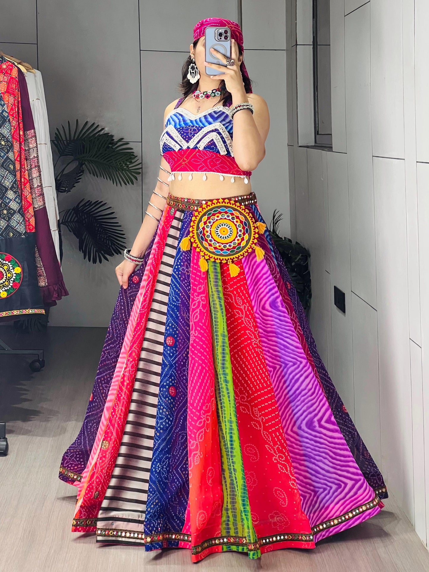 RangBhoomi Multicolor Bandhani-Inspired Chaniya Choli Set — Navratri Ready (Lehenga, Blouse, Scarf & Batwa)