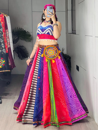 RangBhoomi Multicolor Bandhani-Inspired Chaniya Choli Set — Navratri Ready (Lehenga, Blouse, Scarf & Batwa)