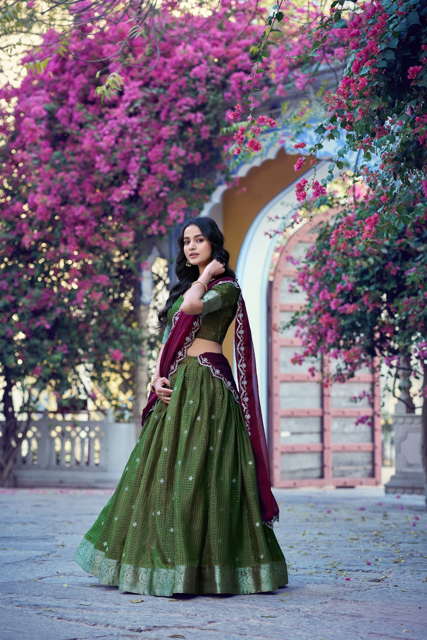 RangBhoomi Chinon Checks Langa Davani Lehenga Set