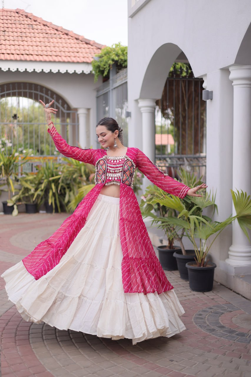RangBhoomi Kora Cotton Lehenga & Faux Georgette Kurti Set - Full-Stitched, Frilled Lehenga, Laheriya Print Kurti