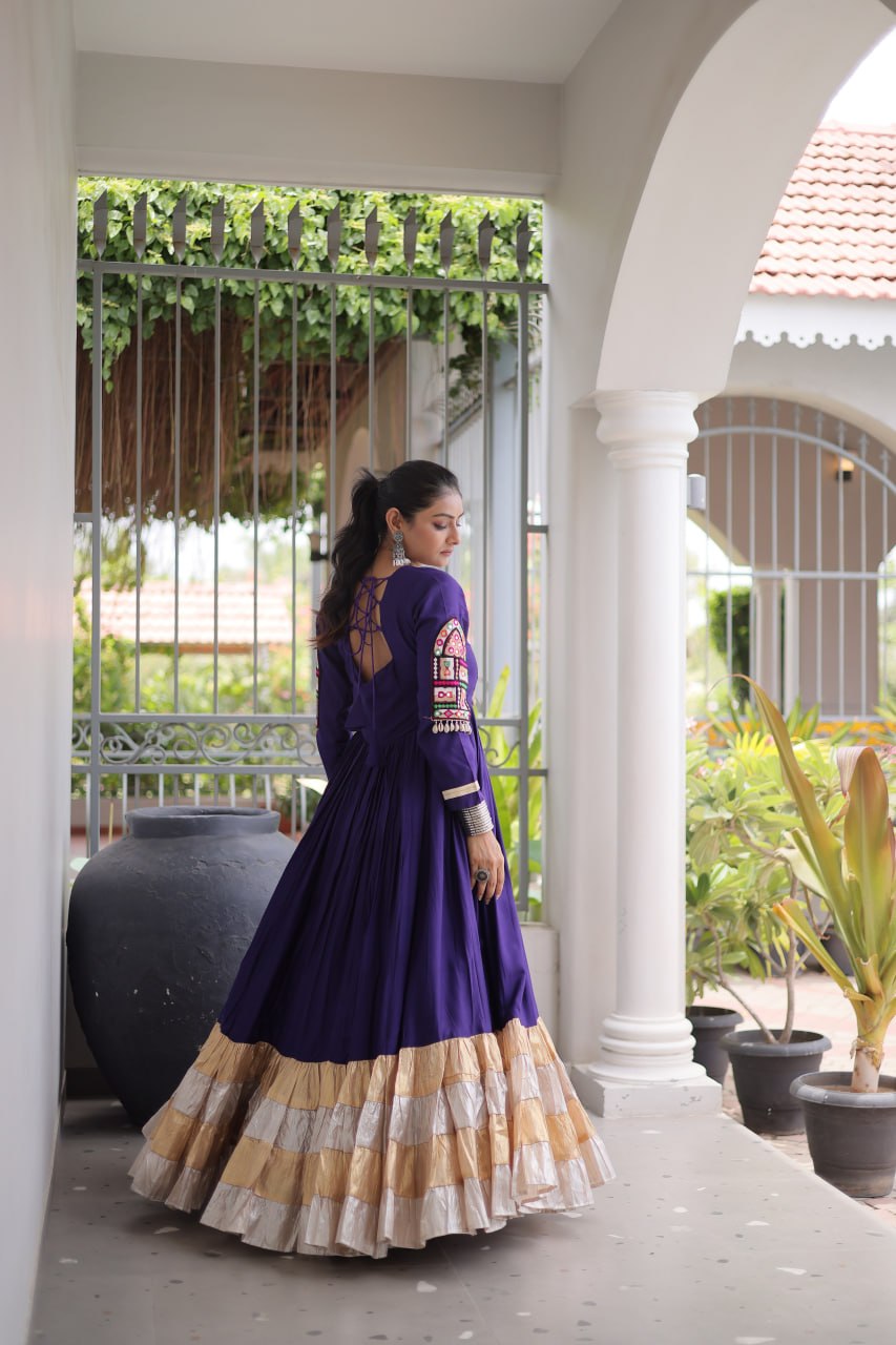 RangBhoomi Navratri Gown Collection 2026 — 14KG Rayon Kutchi Gamthi Thread Work, 12m Flair