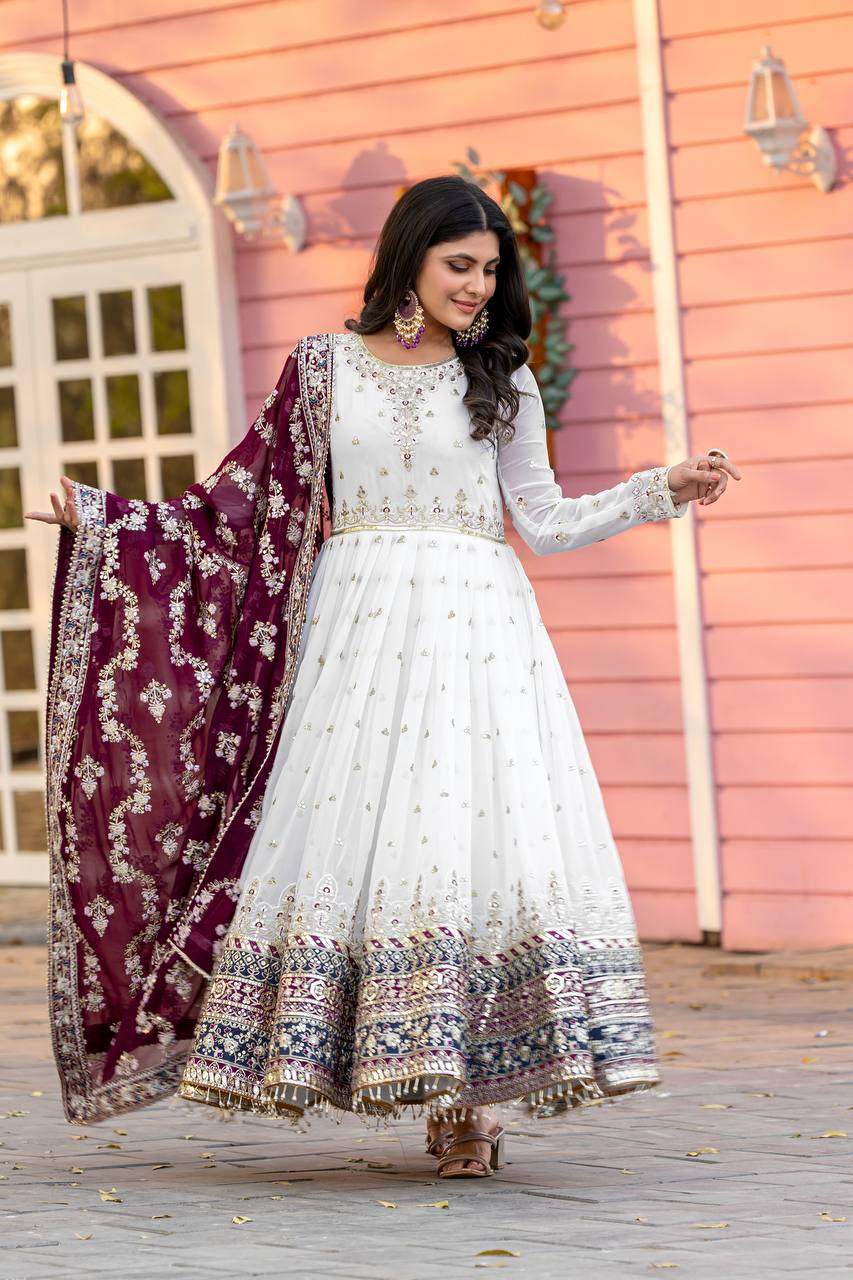 Elegant Party Wear Heavy Faux Georgette Gown with Embroidered Dupatta and Bottom Set