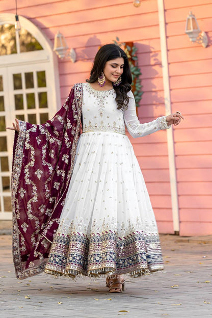 Elegant Party Wear Heavy Faux Georgette Gown with Embroidered Dupatta and Bottom Set