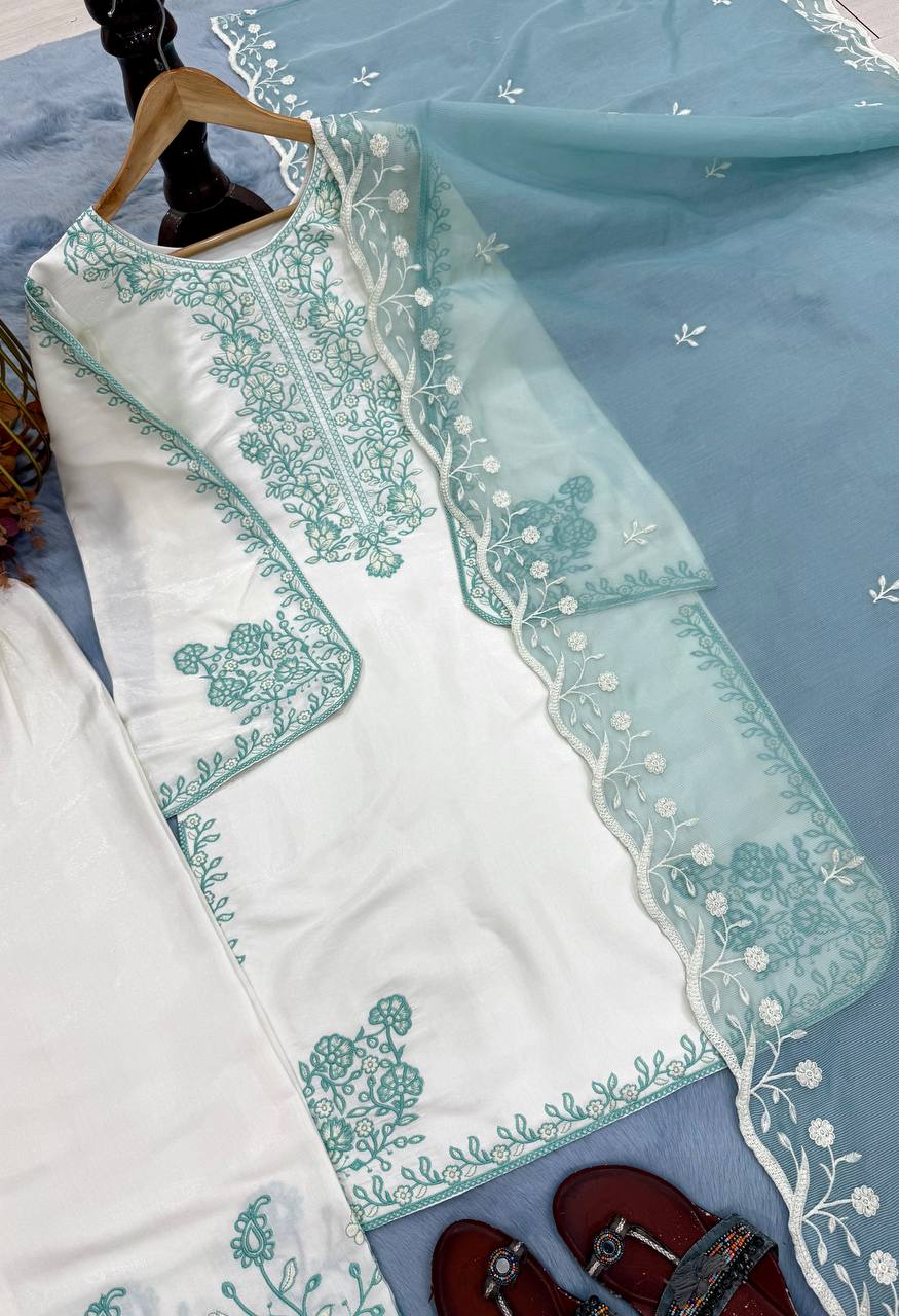 Elegant Party Wear Set Featuring Premium Roman Glass Embroidered Top with Fancy Bell Sleeves and Stylish Palazzo Pants with Dupatta