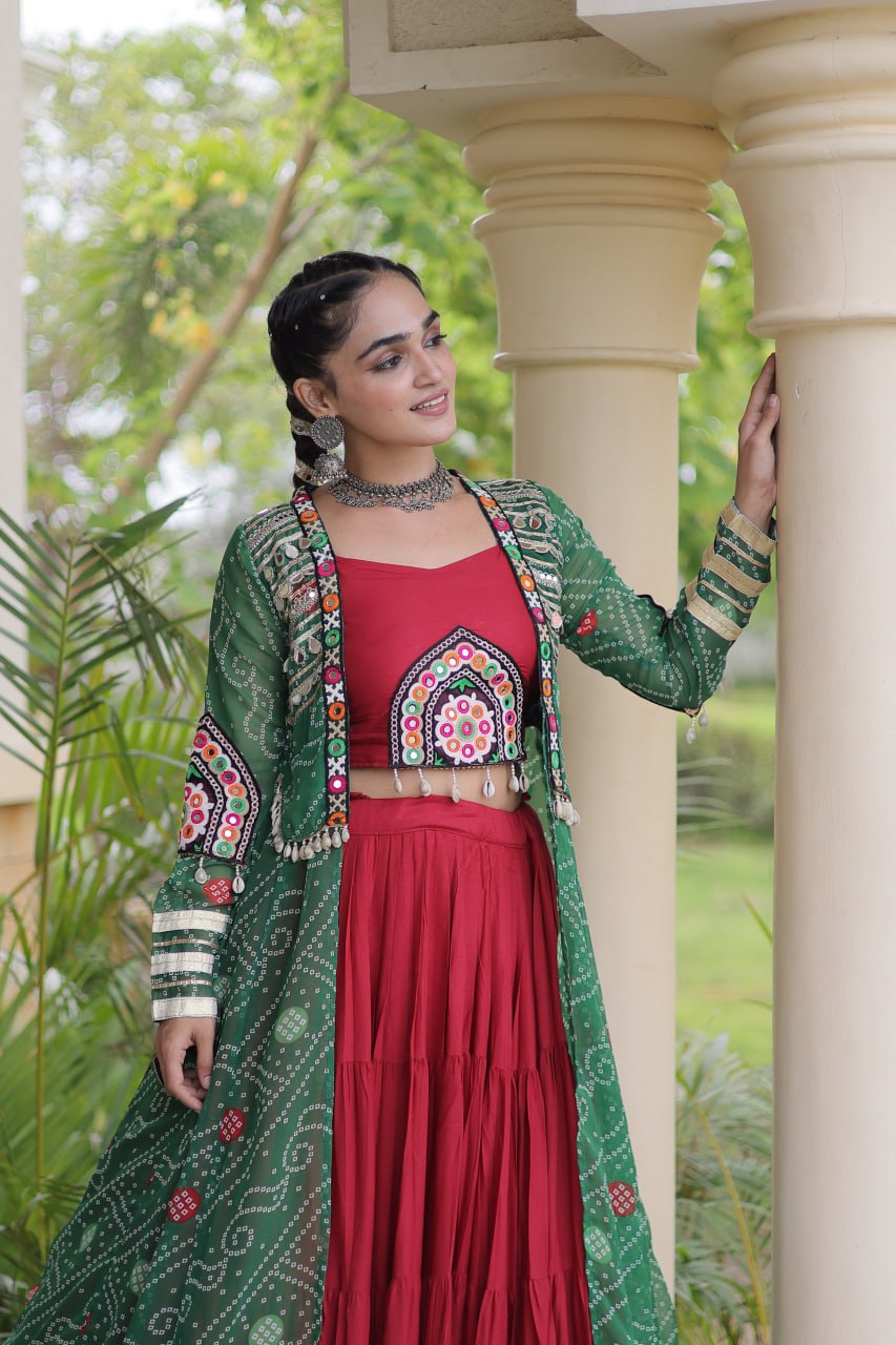 RangBhoomi Navratri 2026 Rayon Lehenga Set with Bandhani Shrug — Full-Stitched Festive Ensemble