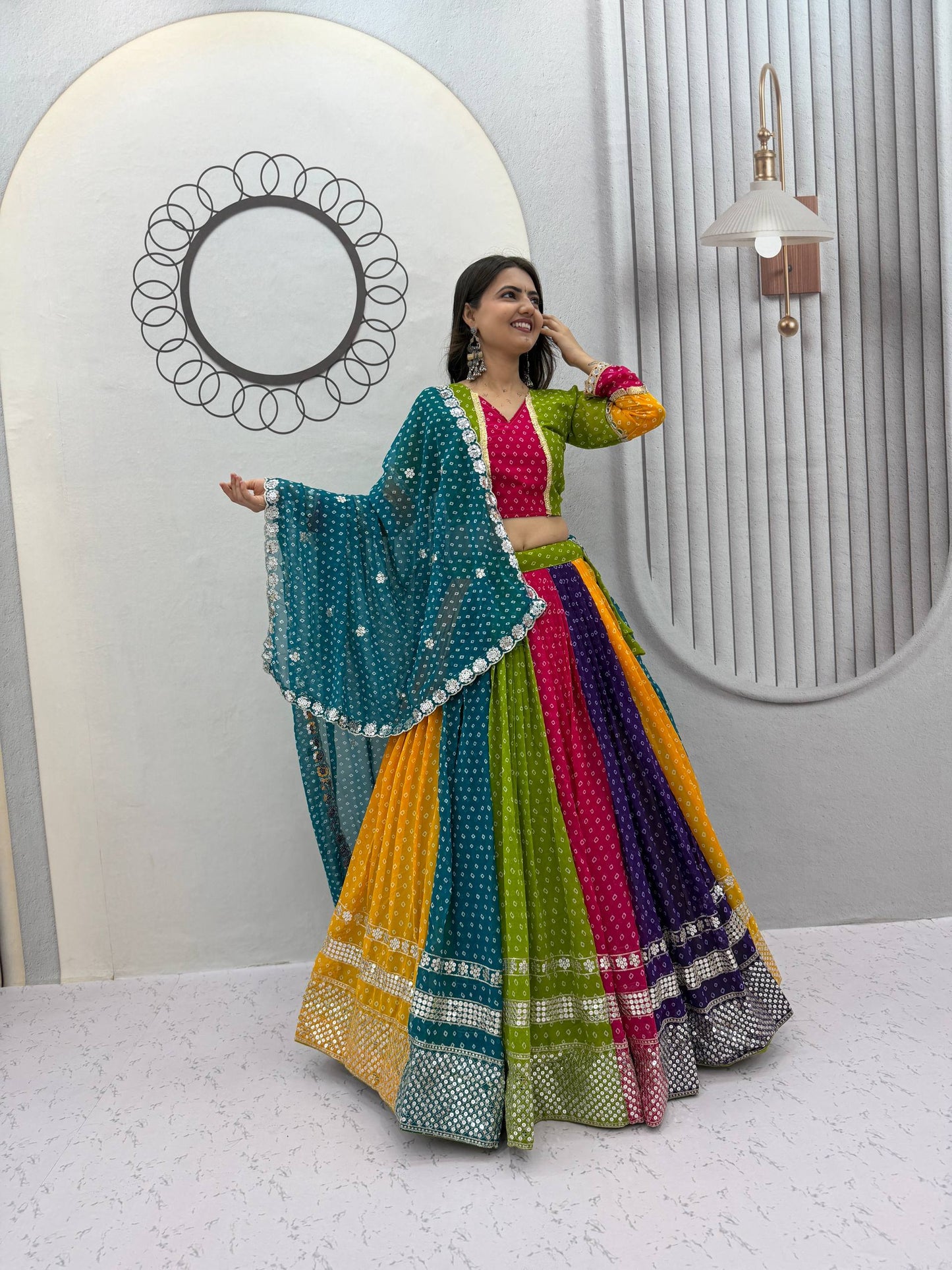 RangBhoomi Navratri Special Georgette Lehenga Choli — 6m Flair, Micro Cotton Inner, Elegant Shivansh Work