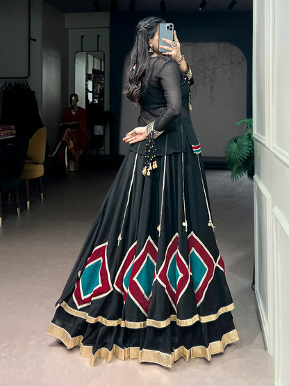RangBhoomi Navratri 2026 Marble Fabric Festive Lehenga Set with Lace and Cowrie Bell Accents