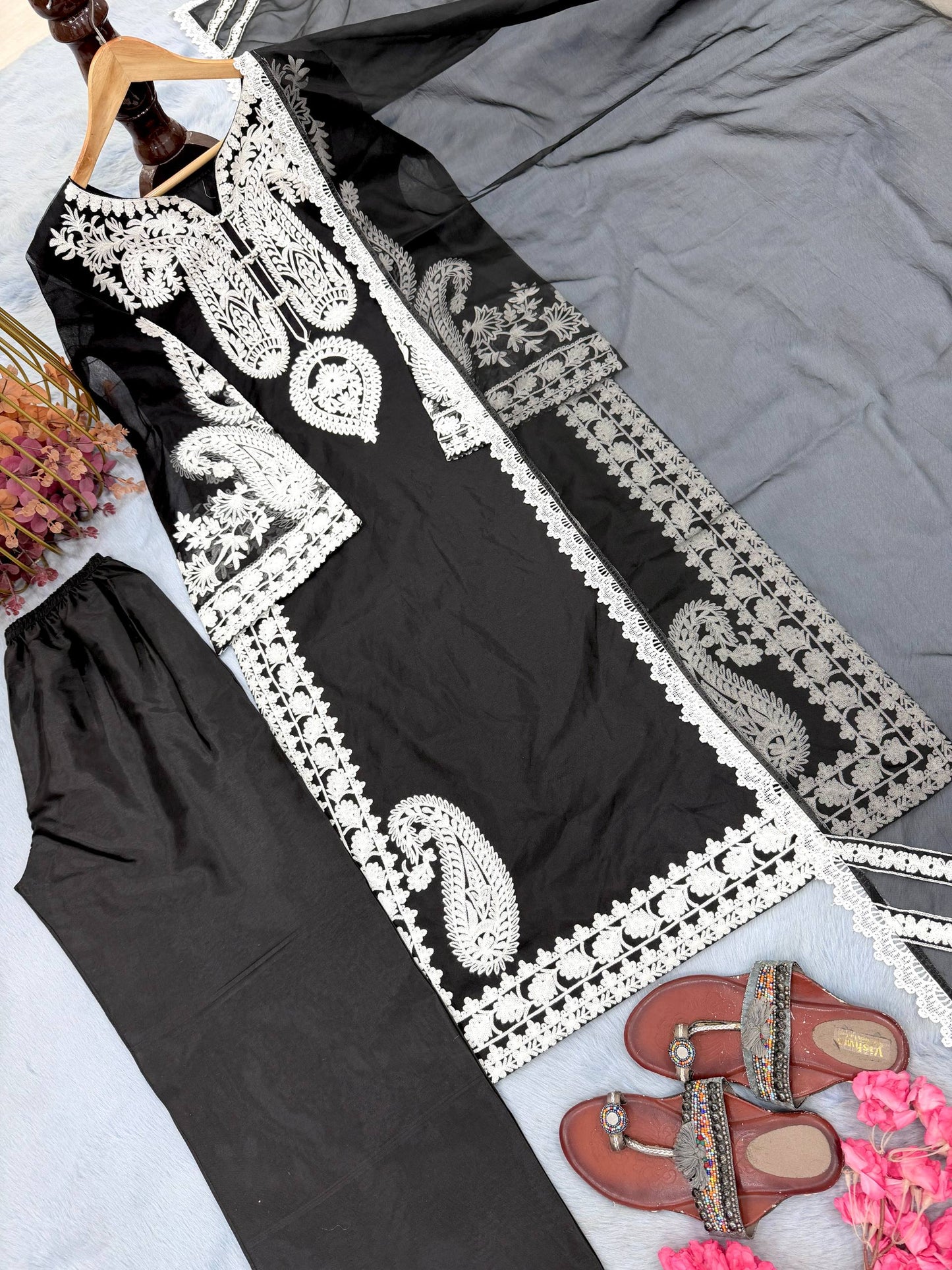 Elegant Designer Party Wear Set with Pure Soft Nylon Organza Silk Top, Palazzo Pants & Dupatta