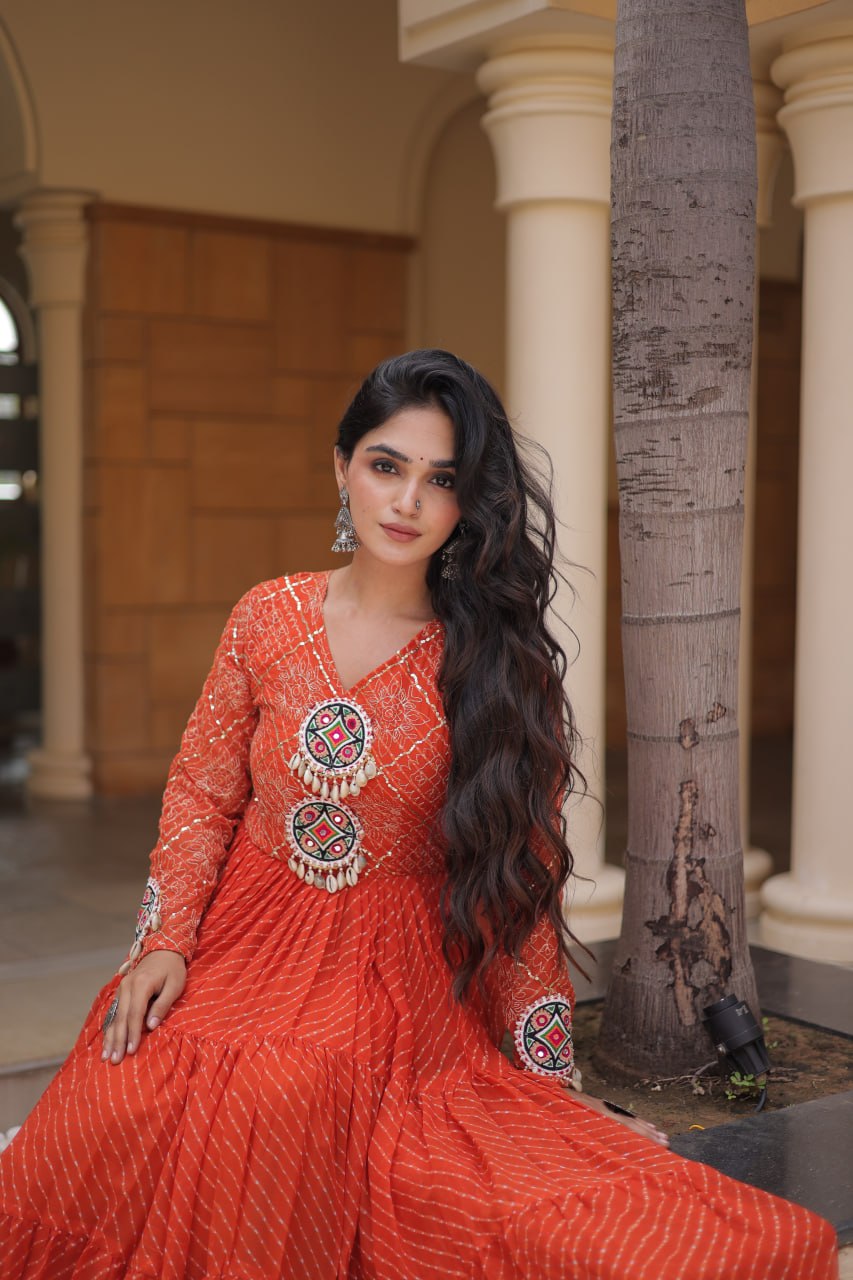 RangBhoomi Navratri Gown 2026 – Laheriya Print with Kutchi Patchwork, Faux Georgette Lined Cotton, Full Sleeve, 56 Inch Length