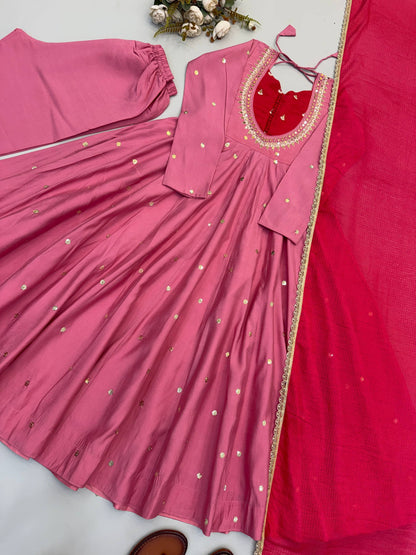 RangBhoomi Roman Silk Anarkali Set with Mirror Embroidery & Kota Chexs Dupatta - Ready-to-Wear