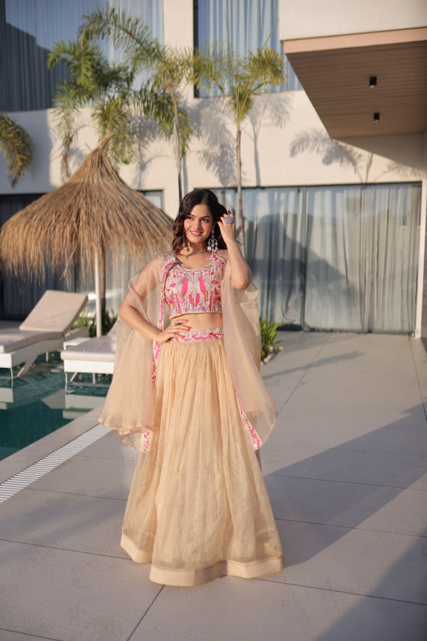Elegant Sindur Silk Embroidered Lehenga Choli Set with Sleeveless Blouse and Matching Shrug
