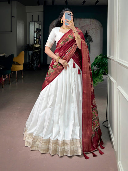RangBhoomi White Poly Kanjivaram Lehenga with Kalamkari Tasar Dupatta