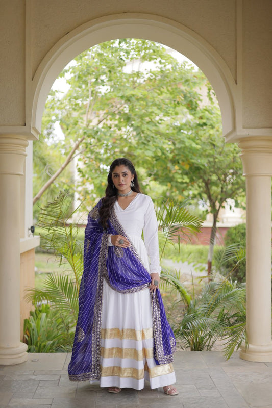 RangBhoomi Navratri Gown & Dupatta Collection 2026 – Full-Sleeve V-Neck Reyon Gown with Georgette Dupatta