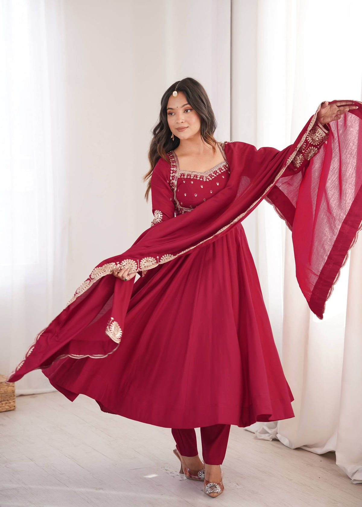 RangBhoomi Designer Anarkali Gown Set with Chanderi Dupatta - Roman Silk, Embroidered Sequins