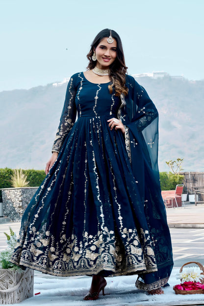 RangBhoomi Festival Long Gown with Matching Dupatta – Elegant Fox Georgette Ensemble with Heavy Sequin Embroidery
