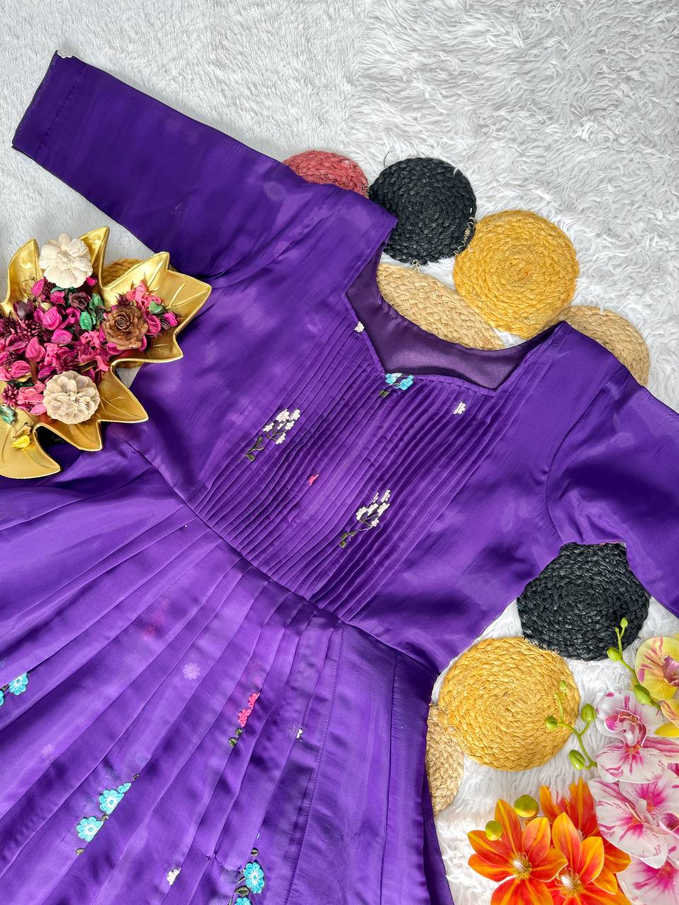 Embroidered Mull Cotton Festival Gown – Elegant Fully Stitched Celebration Wear
