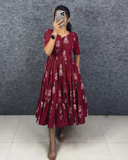 RangBhoomi Exclusive Hand-Block Printed Pure Cotton Warli Art Maxi Gown with Side Pocket
