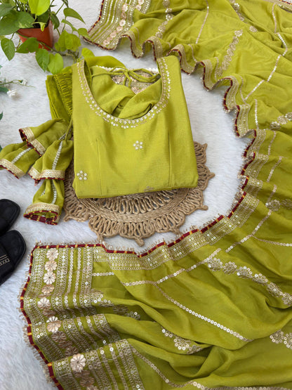RangBhoomi Premium Chinon Silk Anarkali Gown Set with Heavy Embroidery, 3mm Sequin Sleeve Lace, Crepe Pants, and Sequined Lace Dupatta
