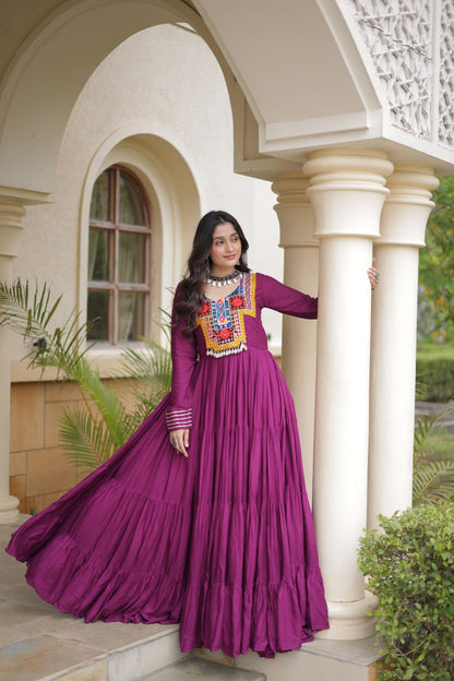 RangBhoomi Navratri Gown Collection 2026 — Wine, Rama & White Embroidered Mirror Work Gown