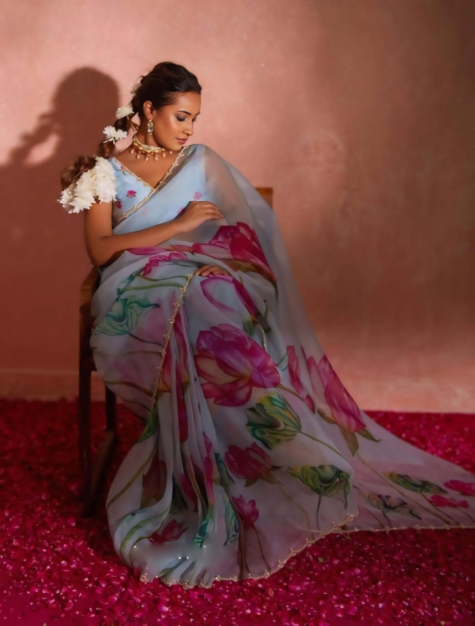 Ready To Wear Organza Silk Saree - Floral Printed