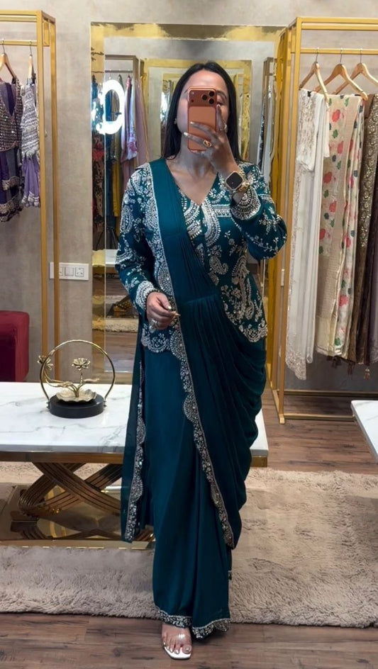 Elegant Ready-to-Wear Saree with Full Embroidered Sequined Jacket in Luxurious Heavy Chinon Fabric