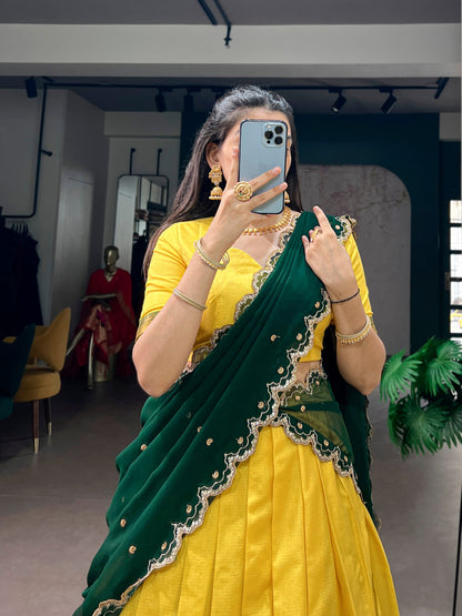 Soulfully Traditional Cotton Silk Lehenga Set with Royal Zari Work, Georgette Dupatta, and Elegant Scalloped Borders