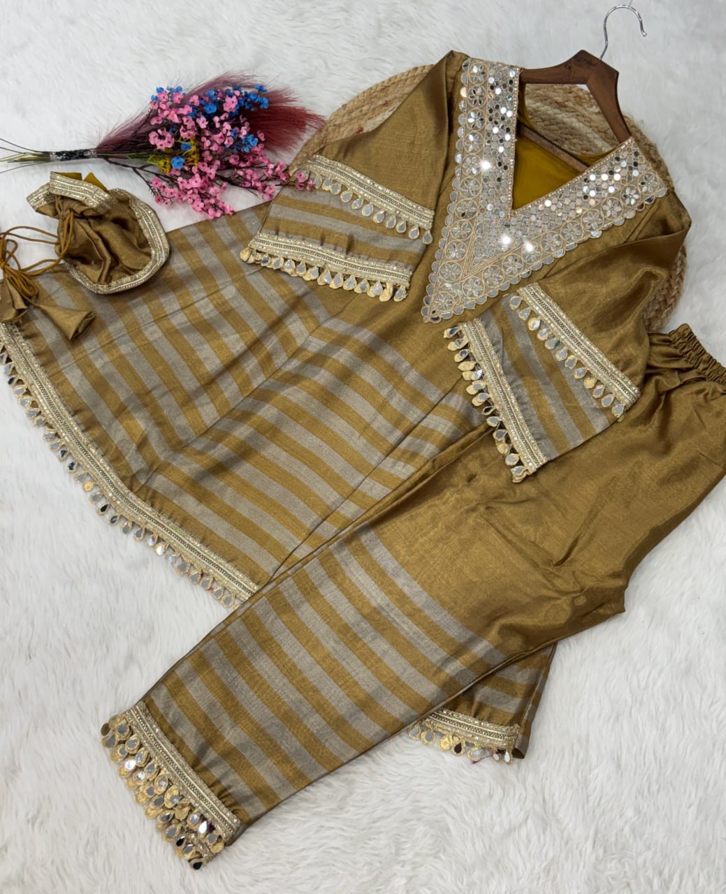 RangBhoomi Ready-to-Wear Top and Bottom Set with Embroidered Batwa - Elegant Mirror Work Ensemble
