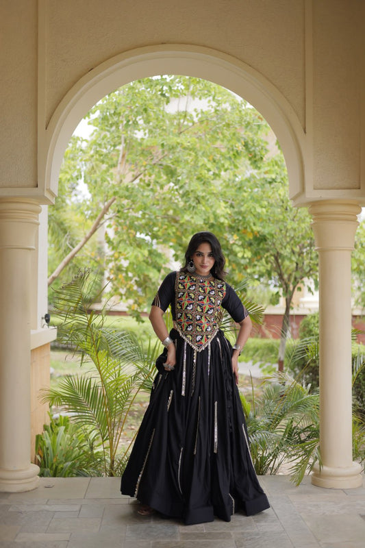 RangBhoomi Navratri Reflective Rayon Lehenga Set with Mirror & Gota Lace (Black, Maroon, White)