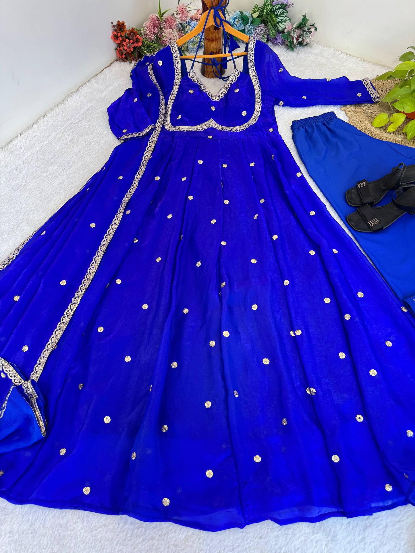 Elegant Party Wear Fendi Satin Gown Set with Dupatta and Pants Featuring 3MM Rembo Sequin and Zari Embroidery