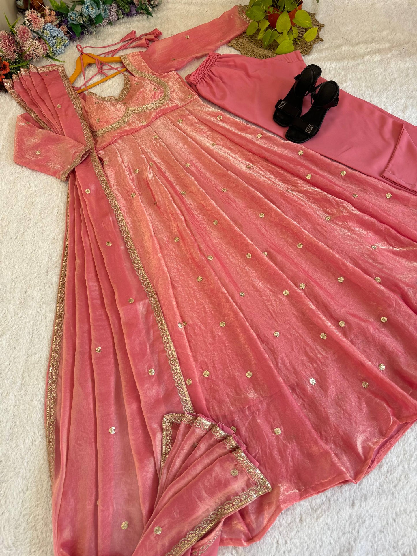 Elegant Party Wear Fendi Satin Gown Set with Dupatta and Pants Featuring 3MM Rembo Sequin and Zari Embroidery