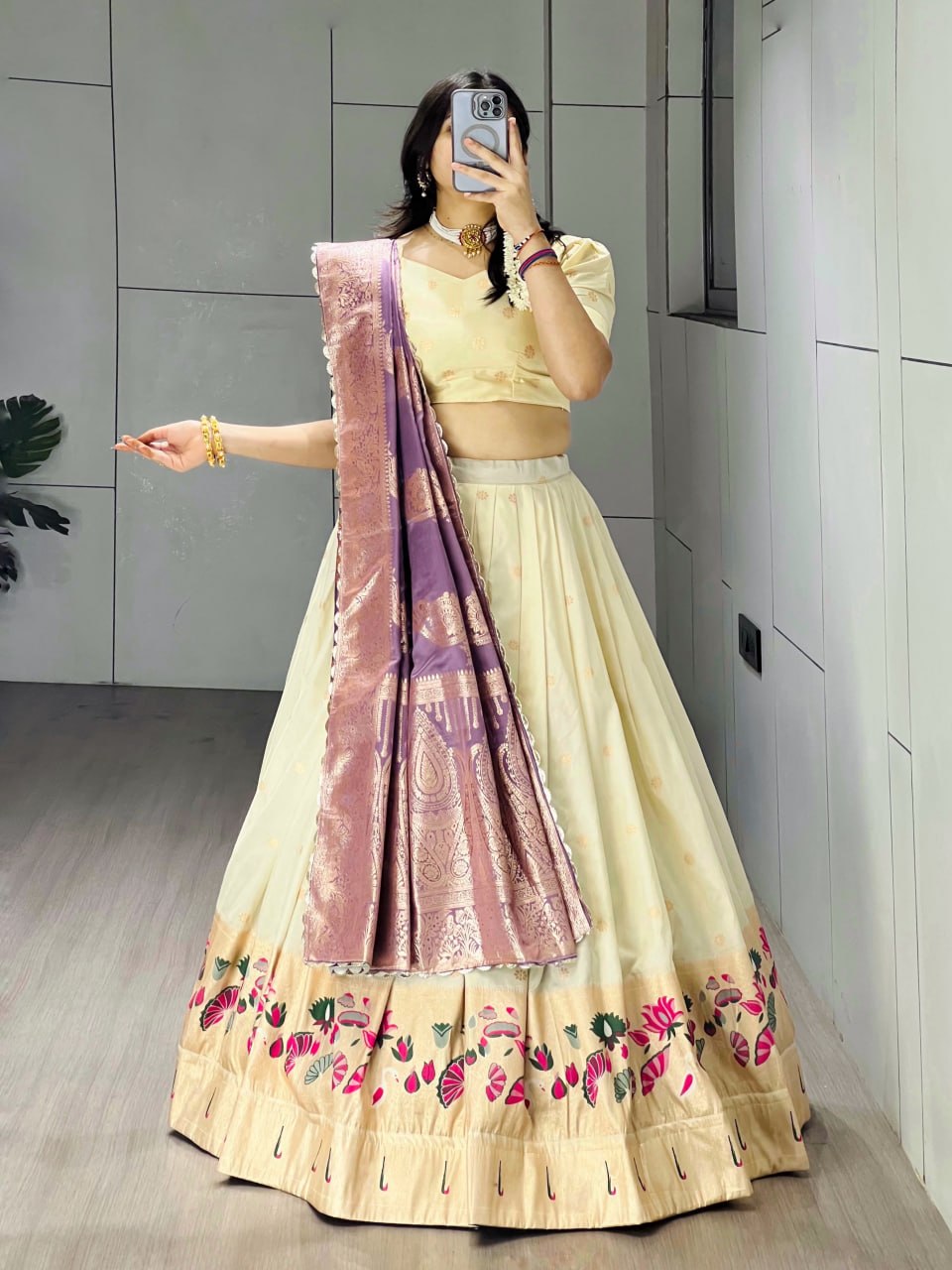 Exquisite Paithani Silk Lehenga with Vibrant Colorful Motifs, Iconic Gold Zari Border, and Signature Satin Silk Dupatta
