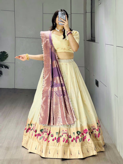 Exquisite Paithani Silk Lehenga with Vibrant Colorful Motifs, Iconic Gold Zari Border, and Signature Satin Silk Dupatta