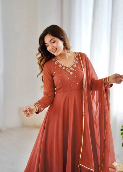 RangBhoomi Elegant Party Wear Fox Georgette Gown Set with Dupatta and Crepe Pants