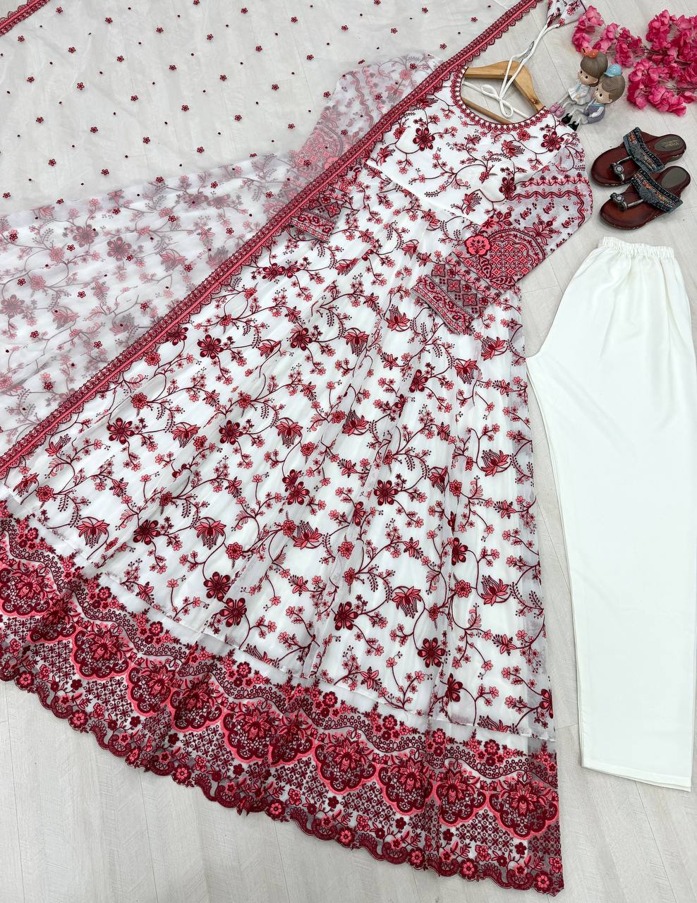 Elegant Party Wear Heavy Faux Georgette Gown with Organza Dupatta and Micro Cotton Bottom Set