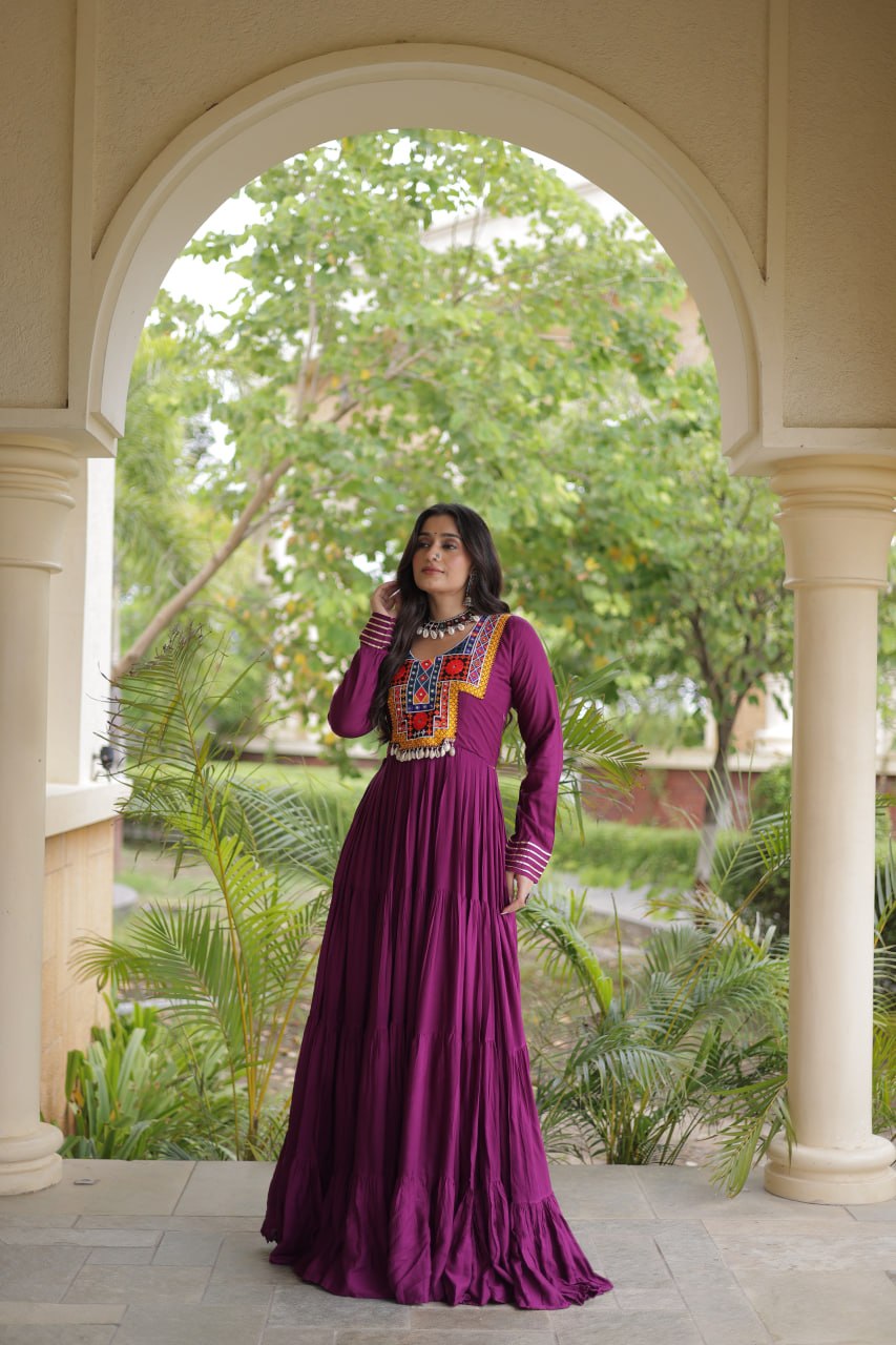 RangBhoomi Navratri Gown Collection 2026 — Wine, Rama & White Embroidered Mirror Work Gown